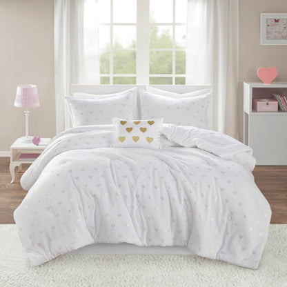 4 PCS Full/Queen Metallic Printed Plush Comforter Set with Throw Pillow White/Gold