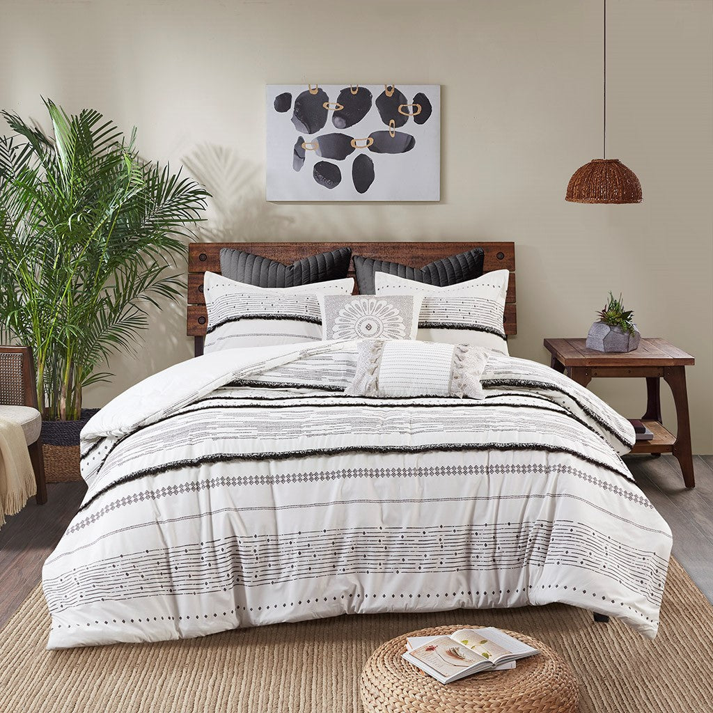 Queen Cotton Comforter Set White Black Boho Style