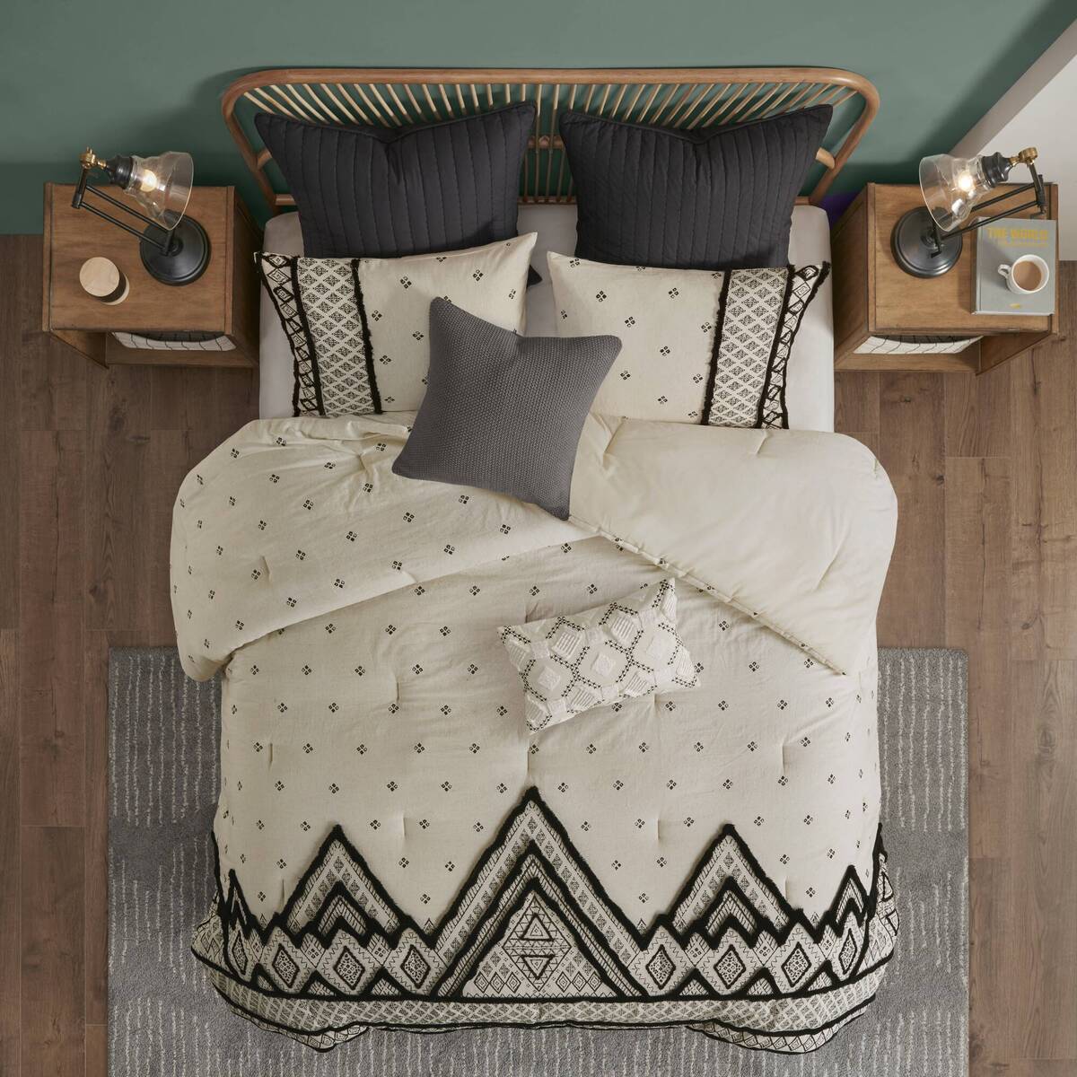 3 Piece Cotton Linen Comforter Set - Queen Size, White+Black
