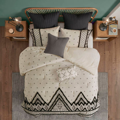 3 Piece Cotton Linen Comforter Set - Queen Size, White+Black