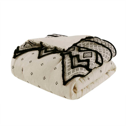 3 Piece Cotton Linen Comforter Set - Queen Size, White+Black