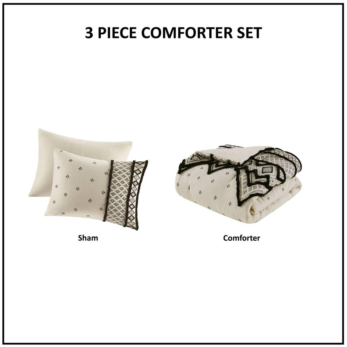 3 Piece Cotton Linen Comforter Set - Queen Size, White+Black