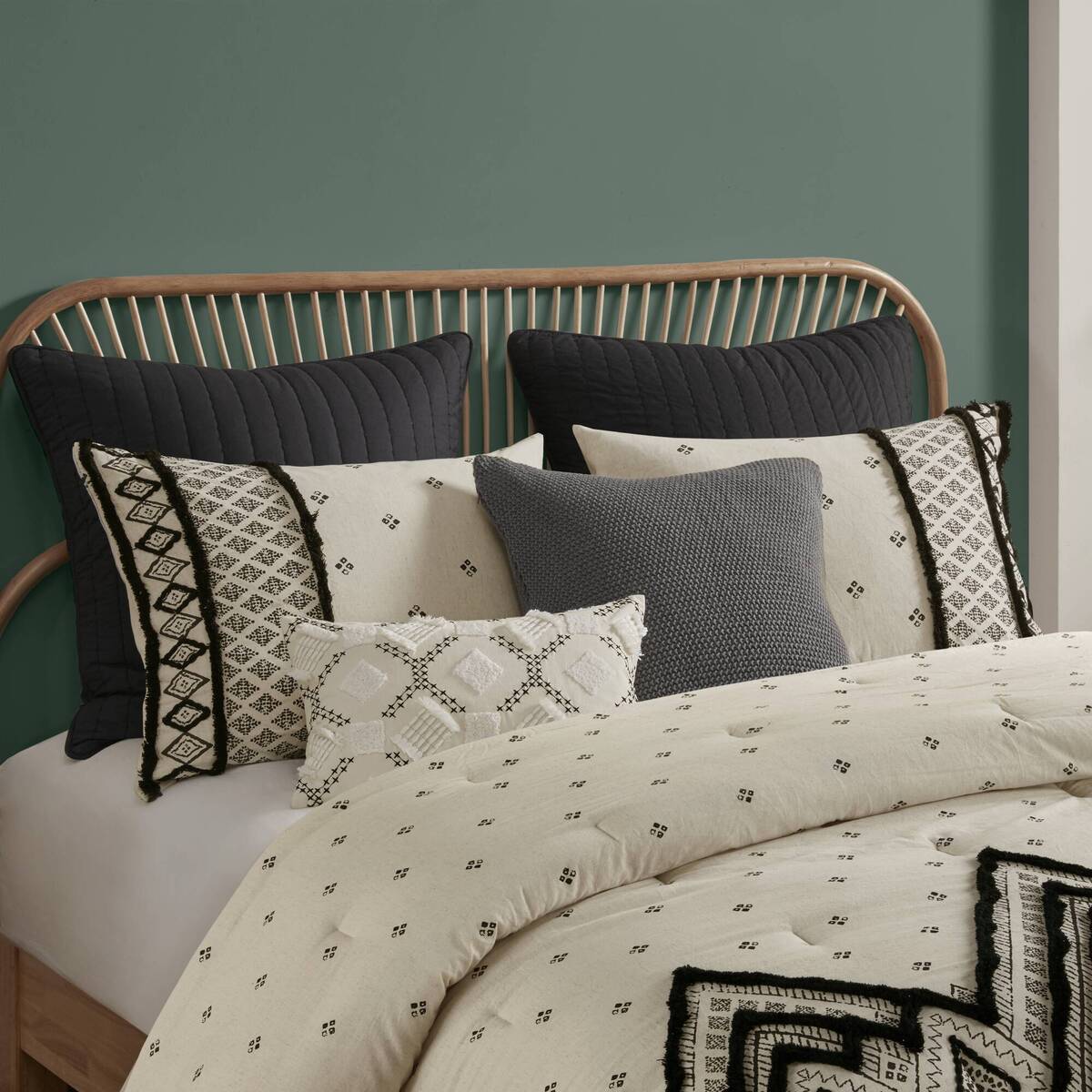 3 Piece Cotton Linen Comforter Set - Queen Size, White+Black