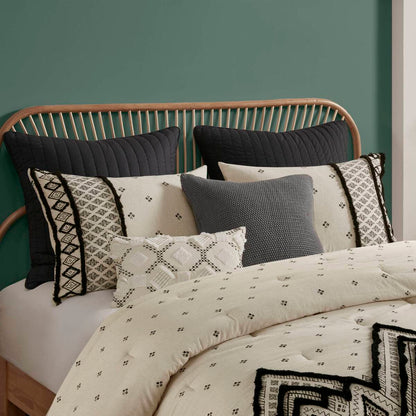 3 Piece Cotton Linen Comforter Set - Queen Size, White+Black