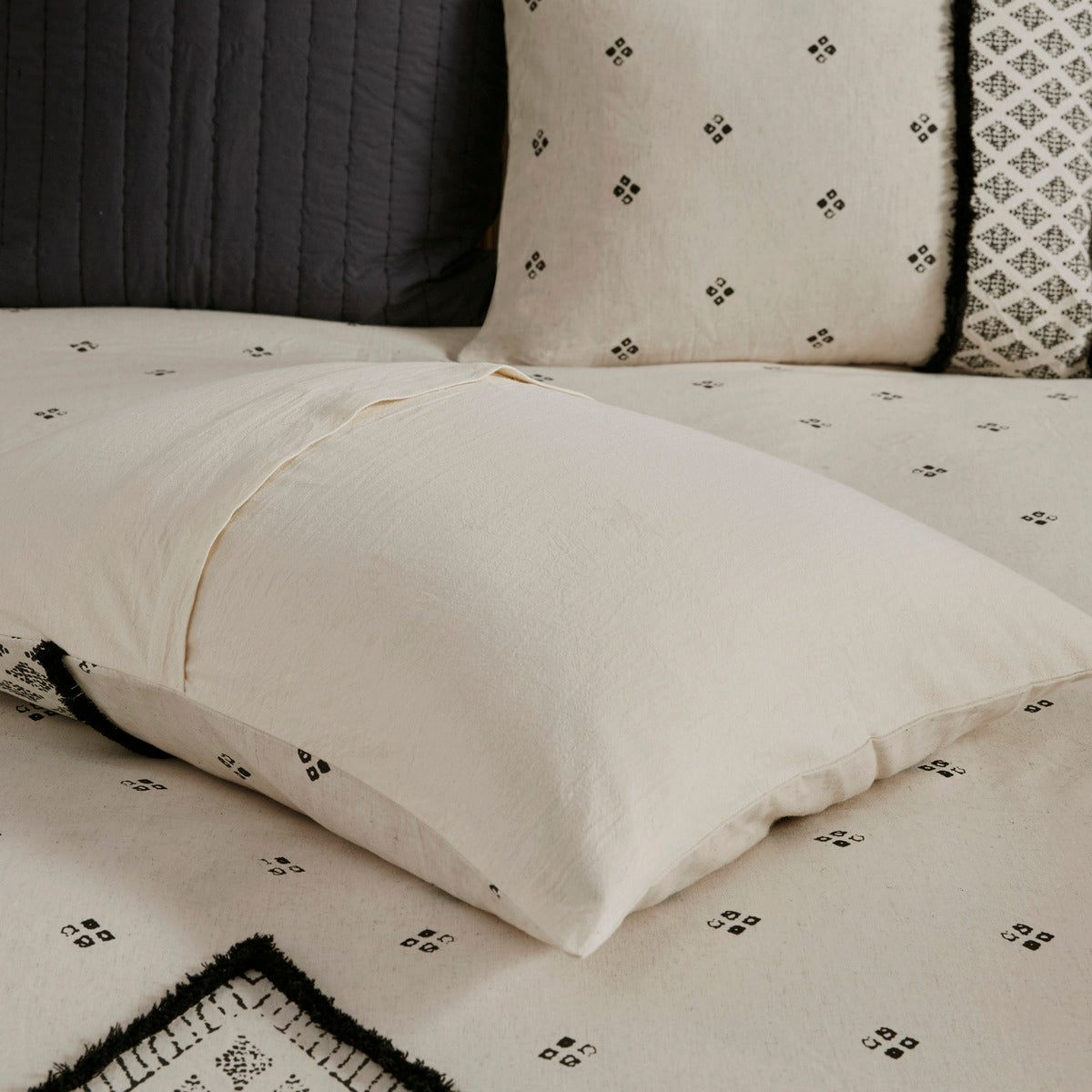 3 Piece Cotton Linen Comforter Set - Queen Size, White+Black