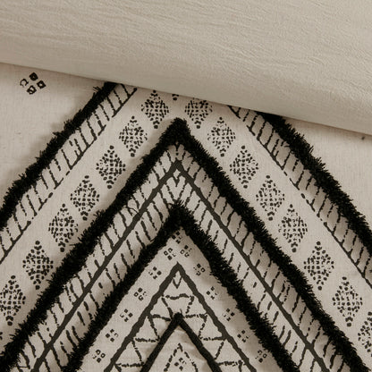 3 Piece Cotton Linen Comforter Set - Queen Size, White+Black