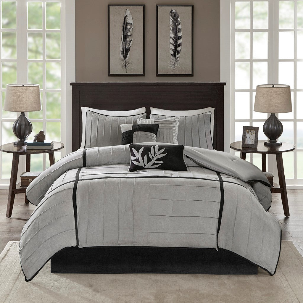 7 Piece Grey Queen Faux Suede Comforter Set - Ultimate Comfort