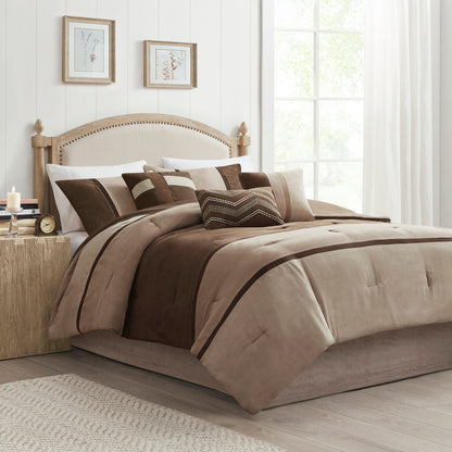 7 Piece Faux Suede Comforter Set Brown Queen