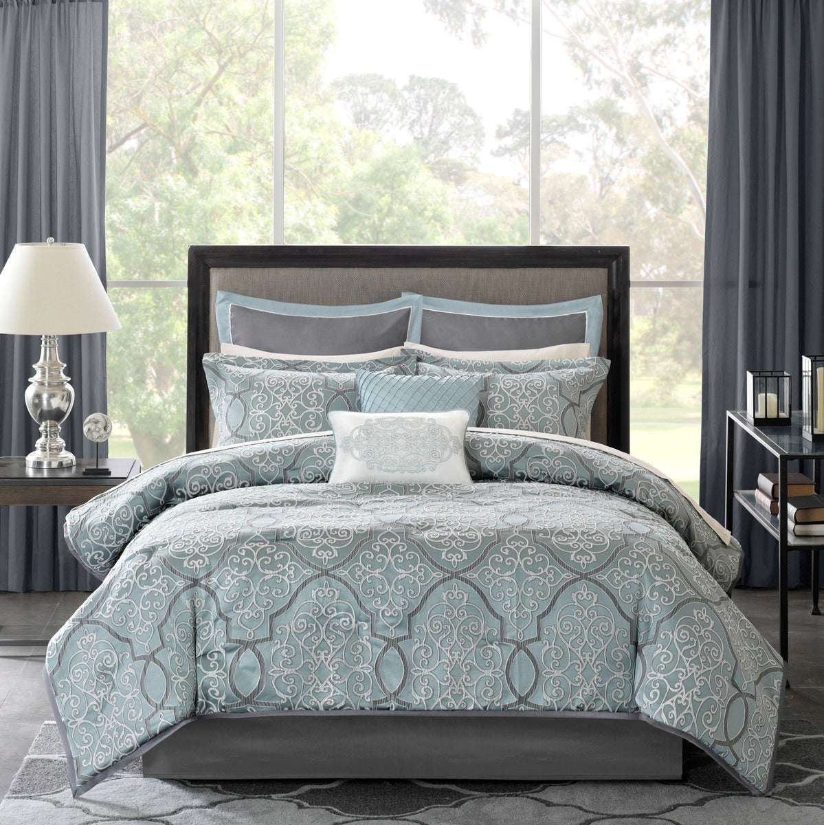 California King Blue Cotton Comforter Set 12 Piece