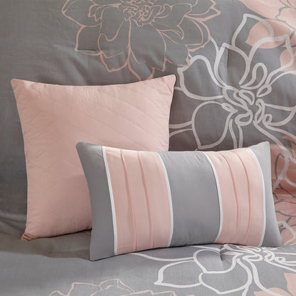 Twin Grey Peach Polyester Comforter Set with Bed Skirt