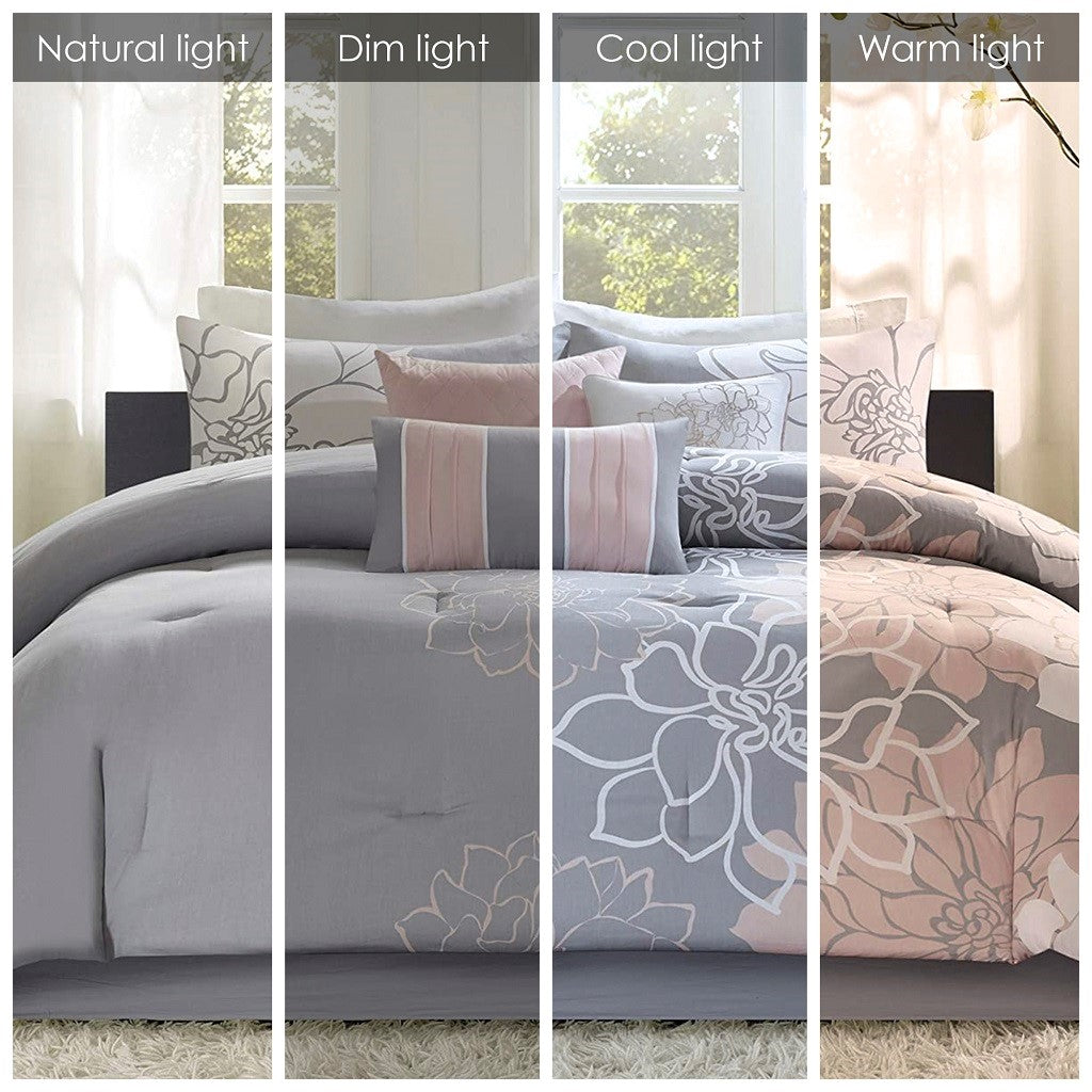 Twin Grey Peach Polyester Comforter Set with Bed Skirt