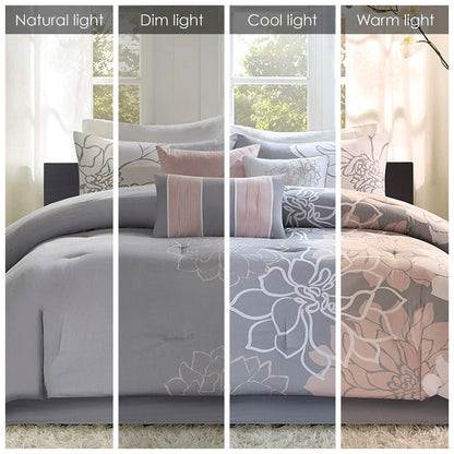 Twin Grey Peach Polyester Comforter Set with Bed Skirt