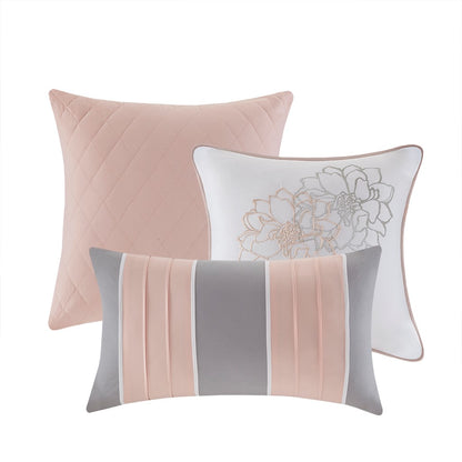 Twin Grey Peach Polyester Comforter Set with Bed Skirt