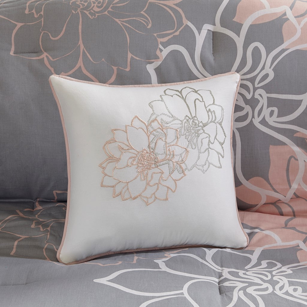 Twin Grey Peach Polyester Comforter Set with Bed Skirt