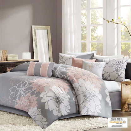 Twin Grey Peach Polyester Comforter Set with Bed Skirt
