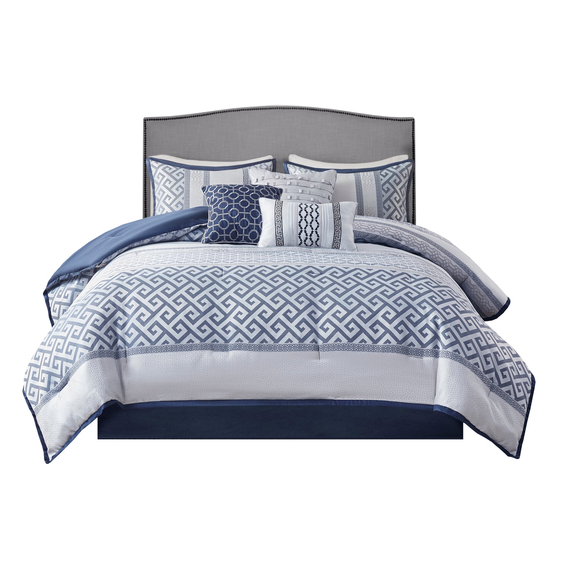 Luxury Navy Queen Comforter Set - 7 Piece Jacquard