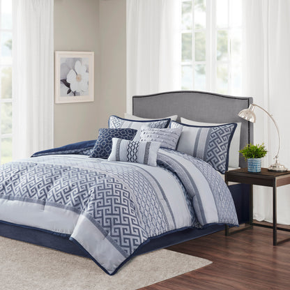 7 Piece Jacquard Comforter Set Navy Queen