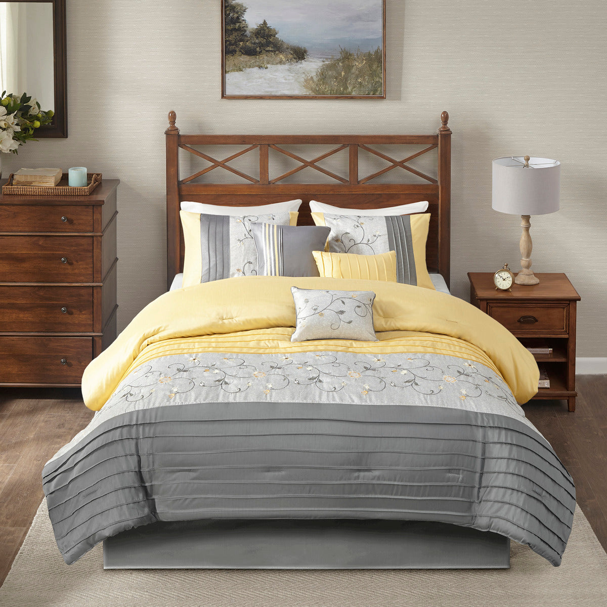 Yellow Queen Comforter Set - 7 Piece Embroidered