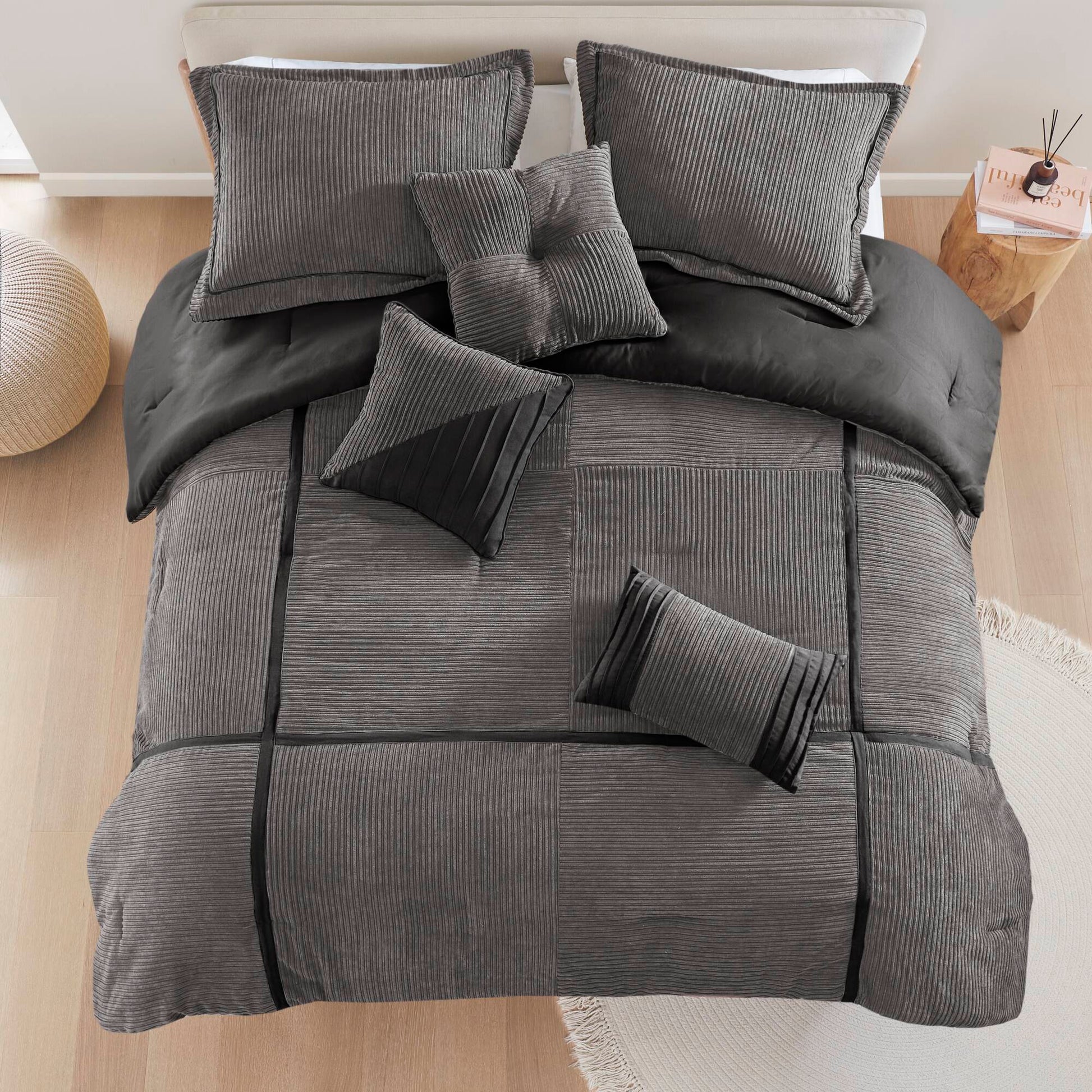 Cal King Grey Micro Corduroy Comforter Set 7 Piece