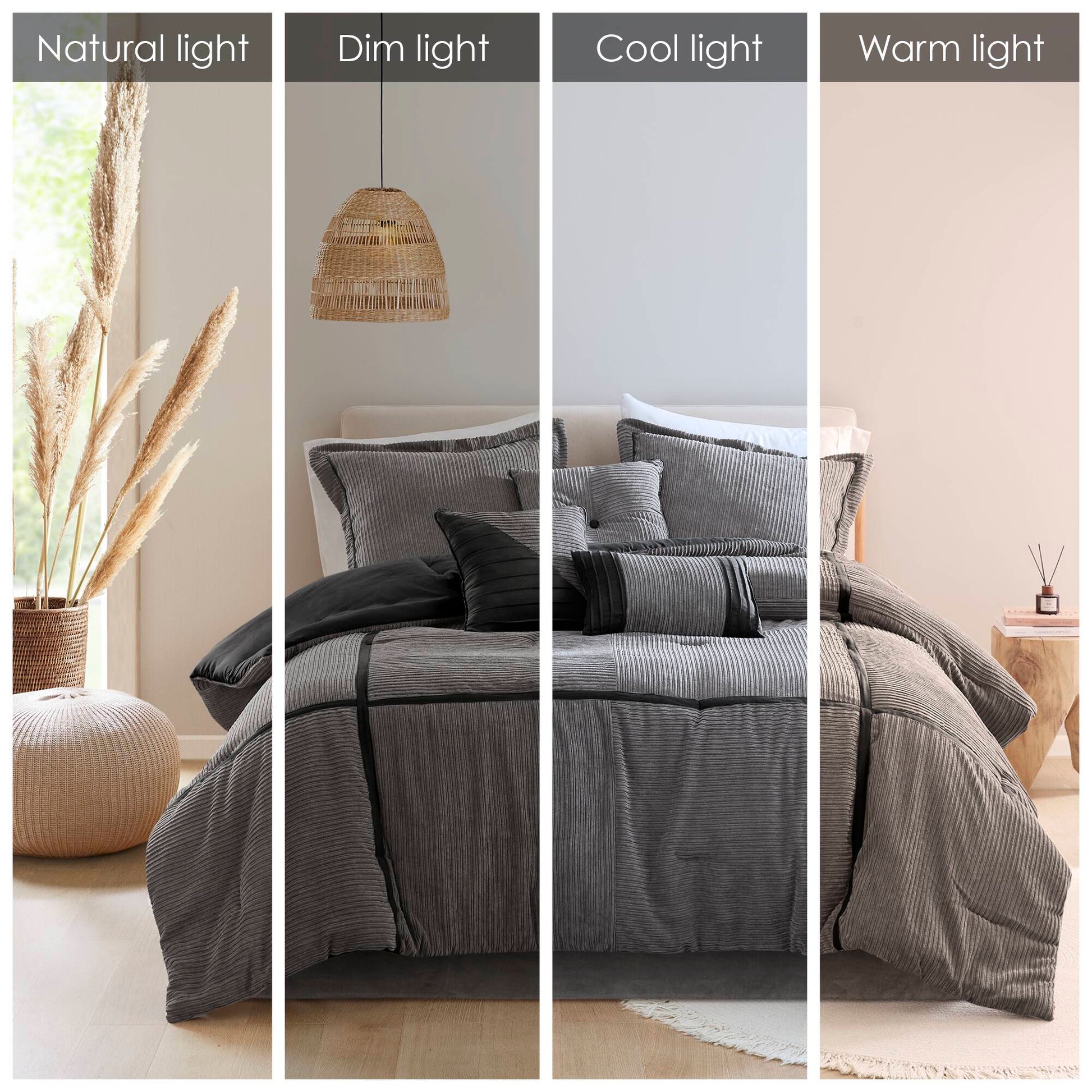 Cal King Grey Micro Corduroy Comforter Set 7 Piece