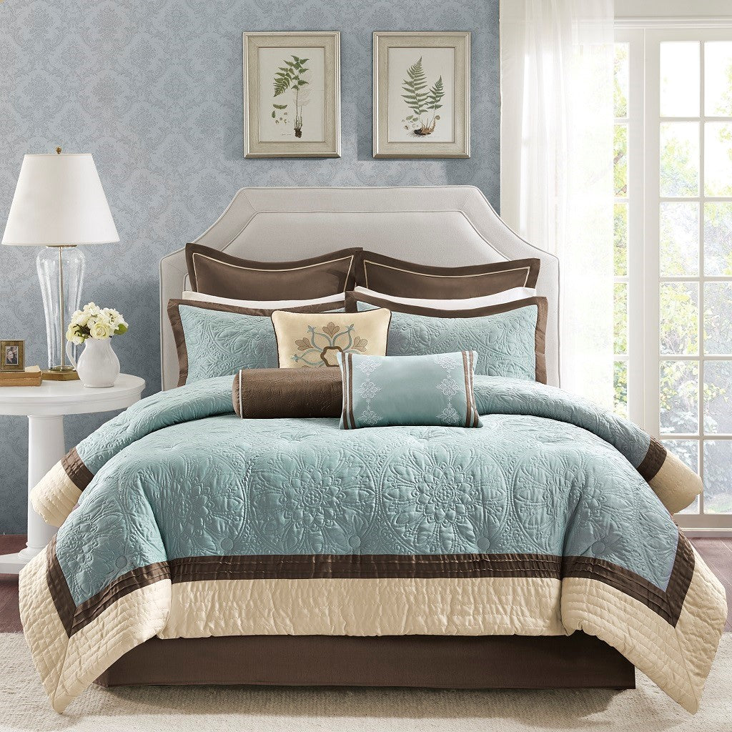 9 Piece Blue Queen Charmeuse Comforter Set