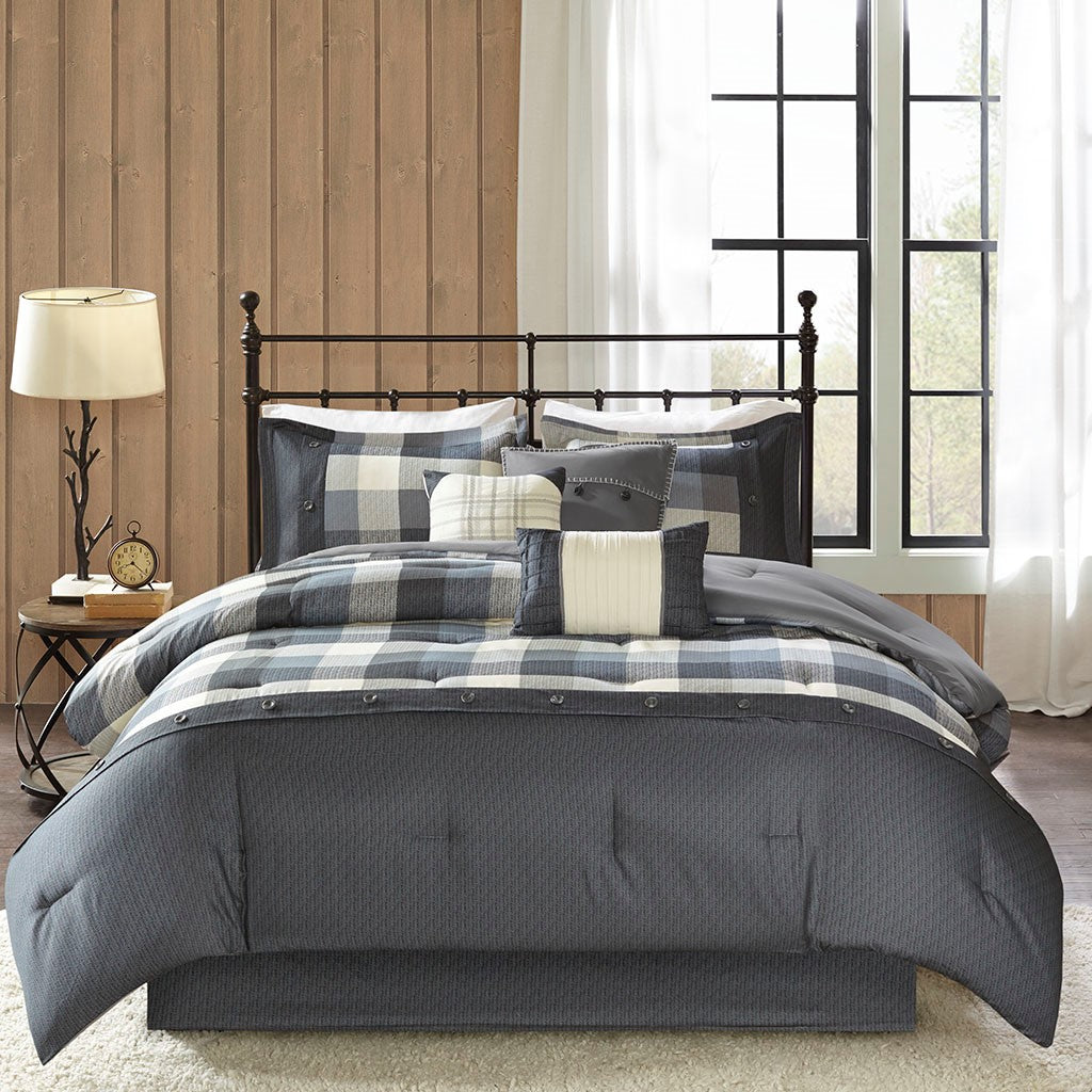 Queen Grey Polyester Comforter Set with Plaid Pattern and Shams