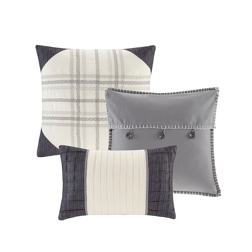 Queen Grey Polyester Comforter Set with Plaid Pattern and Shams