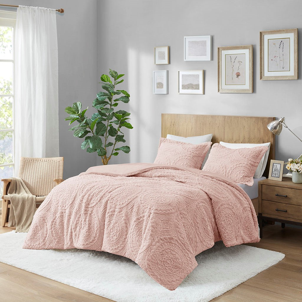 Twin Embroidered Medallion Faux Fur Ultra Plush Comforter Mini Set
