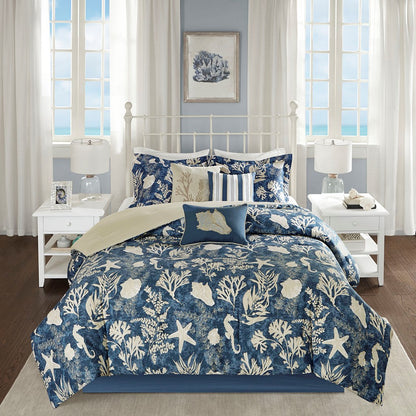 Queen Blue Polyester Comforter Set 7 Piece