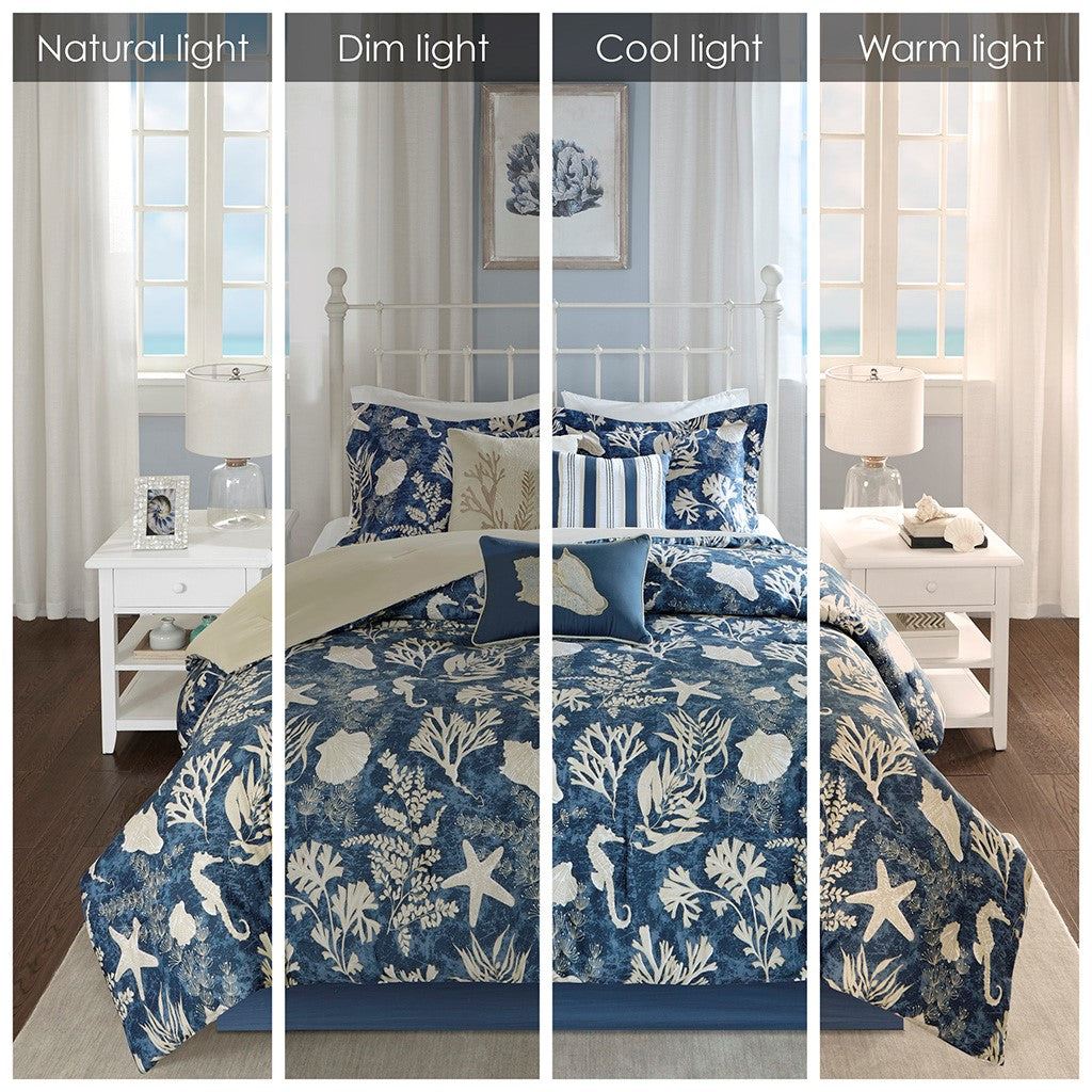 Queen Blue Polyester Comforter Set 7 Piece