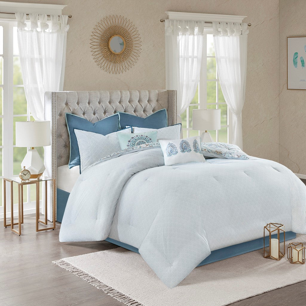 King Size Blue Cotton Comforter Set 8 Piece