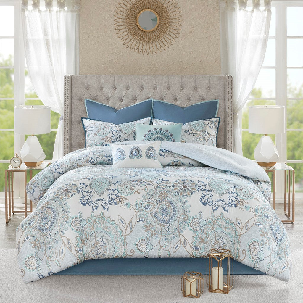 King Size Blue Cotton Comforter Set 8 Piece