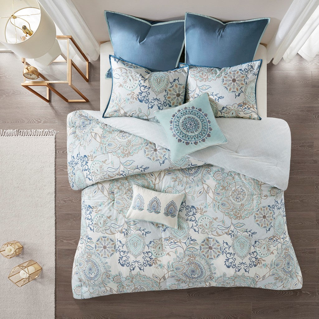 King Size Blue Cotton Comforter Set 8 Piece