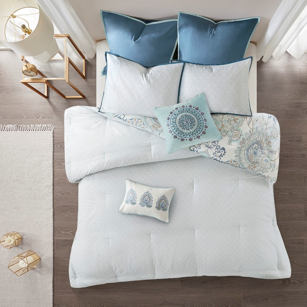 King Size Blue Cotton Comforter Set 8 Piece