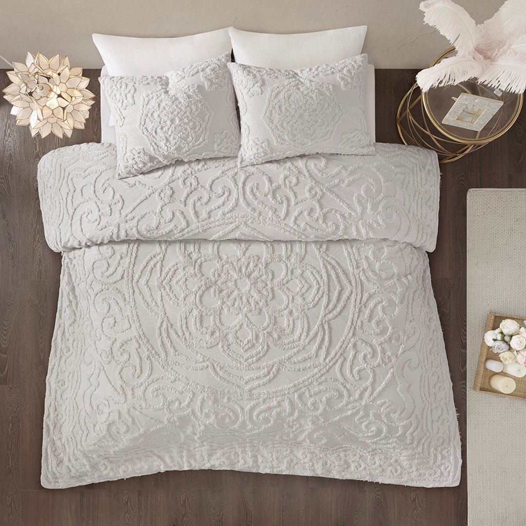 King Size Grey Cotton Chenille Comforter Set