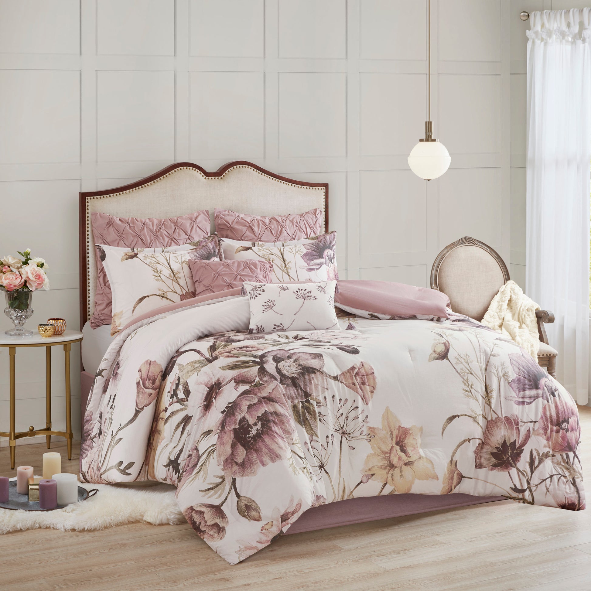 Queen Blush Polyester Floral Comforter Set 8 Piece