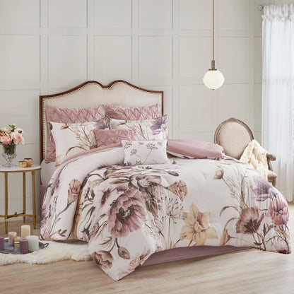 Queen Blush Polyester Floral Comforter Set 8 Piece