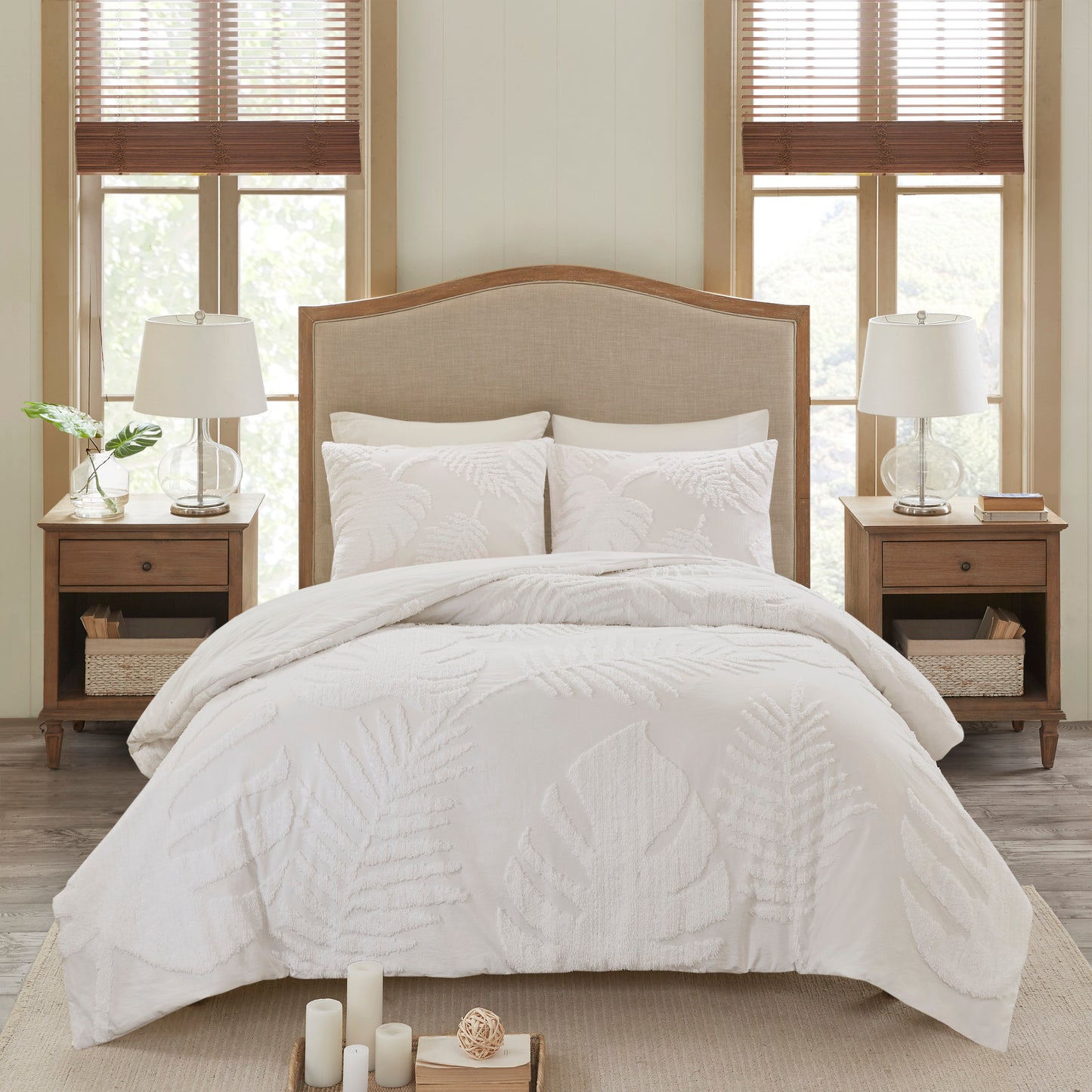Off White Cotton Chenille Palm Comforter Set - Queen Size