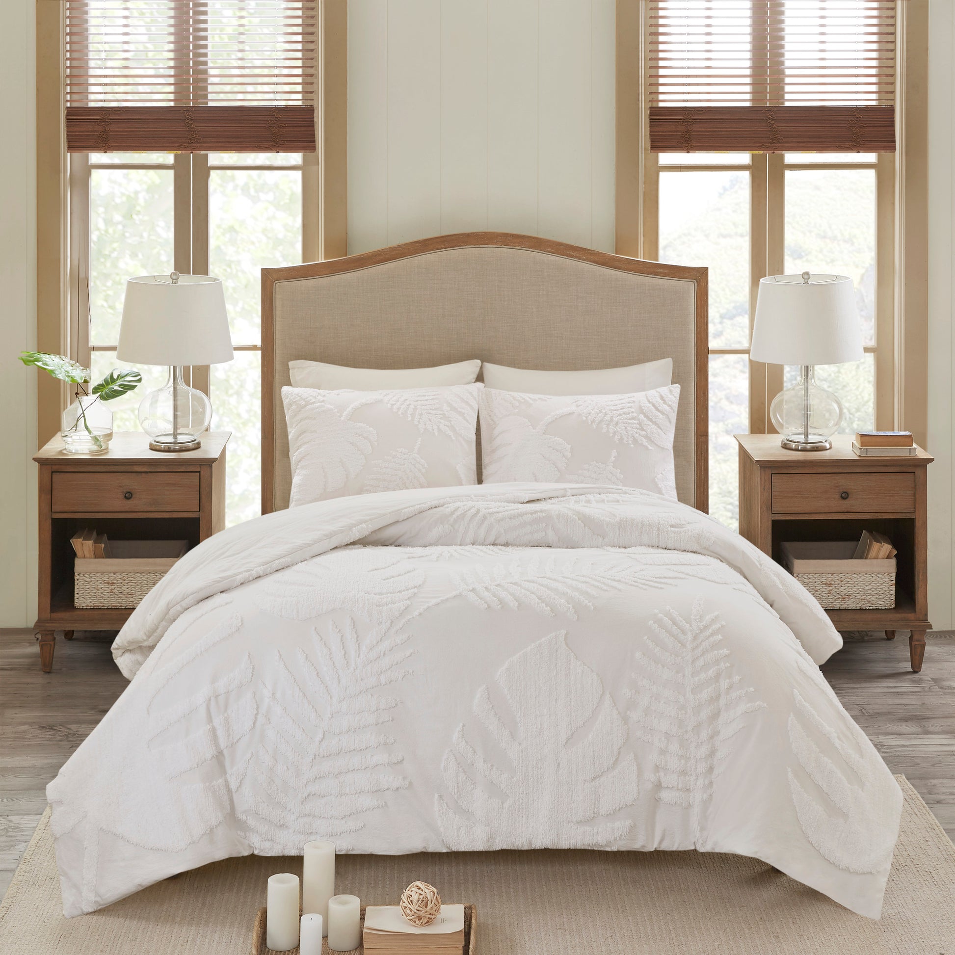 Off White Cotton Chenille Palm Comforter Set - Queen Size