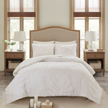 Off White Cotton Chenille Palm Comforter Set - Queen Size