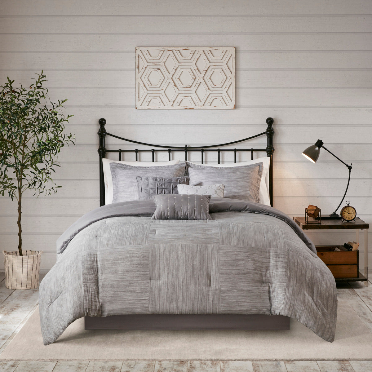 Grey Queen Seersucker Comforter Set - 7 Piece Shabby Chic Bedding