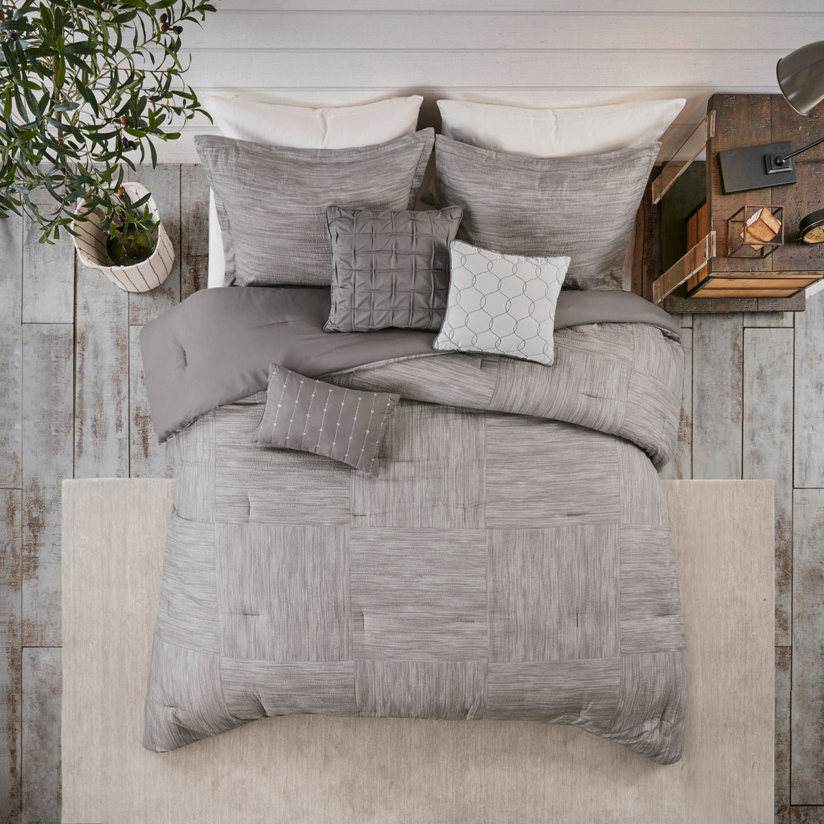 Grey Queen Seersucker Comforter Set - 7 Piece Shabby Chic Bedding