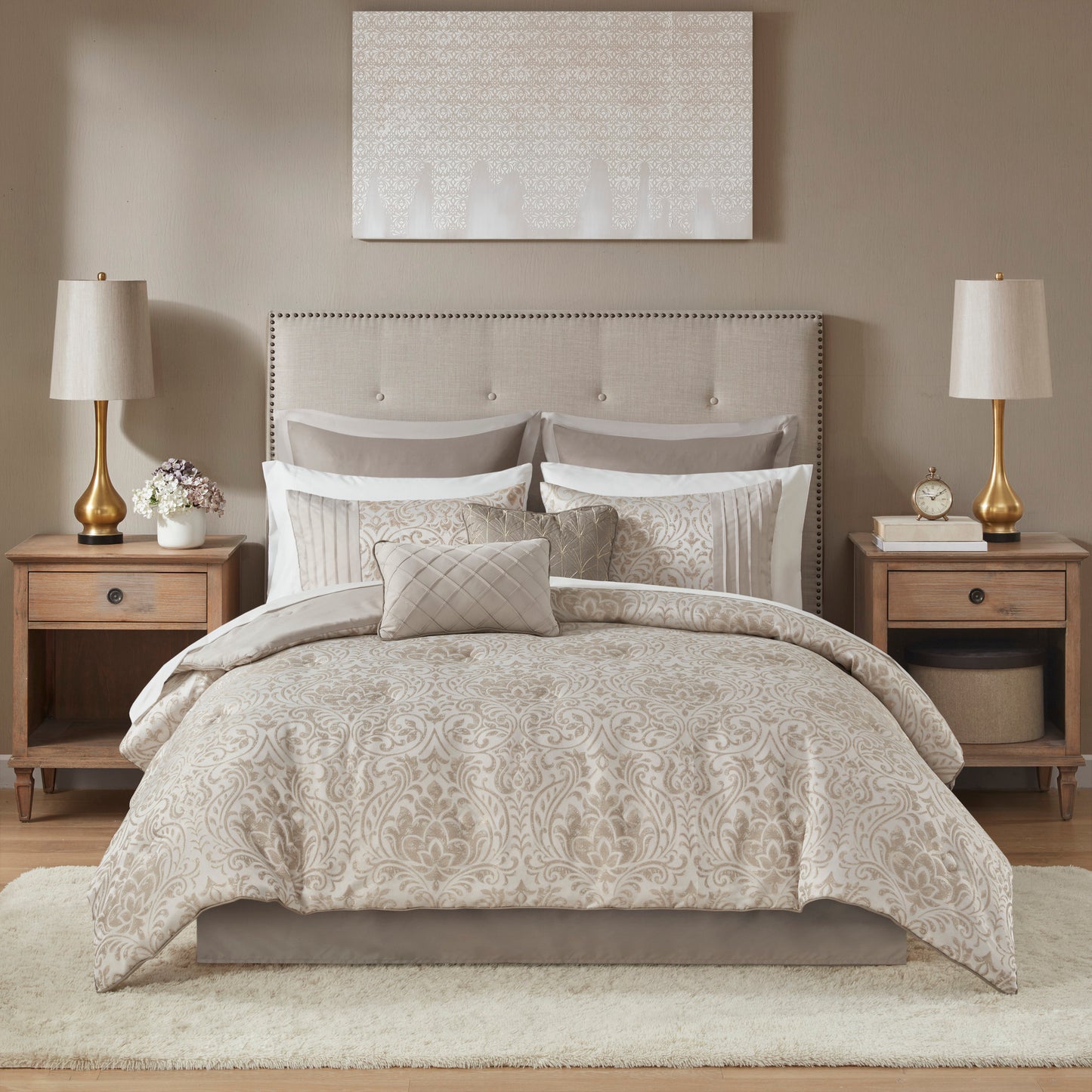 Khaki Queen Comforter Set - 12 Piece Damask Bedding