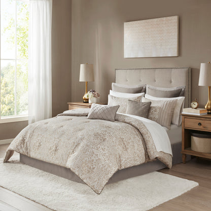 12 Piece Jacquard Comforter Set with Bed Sheets Khaki Queen
