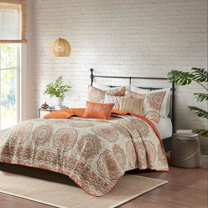 6 Piece Reversible Quilt Set with Throw Pillows Orange King/Cal King