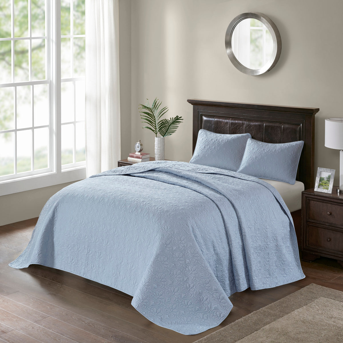 Blue Cotton Queen Bedspread Set - 3 Piece Reversible