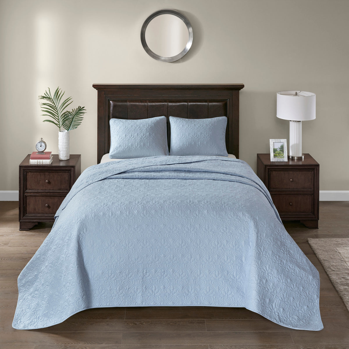 Blue Cotton King Bedspread Set - 3 Piece Reversible
