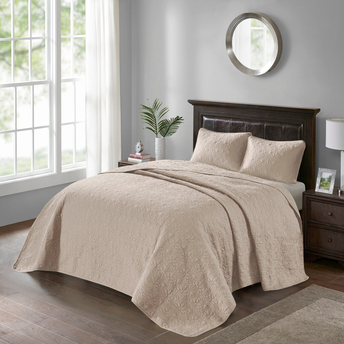 Khaki Cotton Reversible Bedspread Set Queen