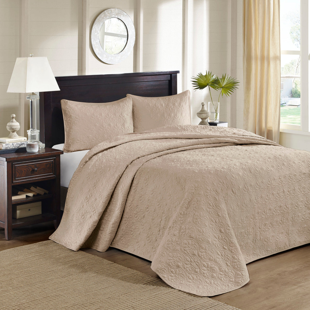 Khaki Cotton Reversible Bedspread Set - Twin Size
