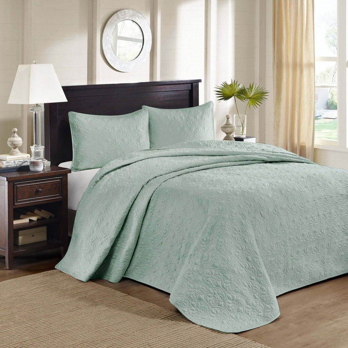 Seafoam Cotton Reversible Bedspread Set Queen Size